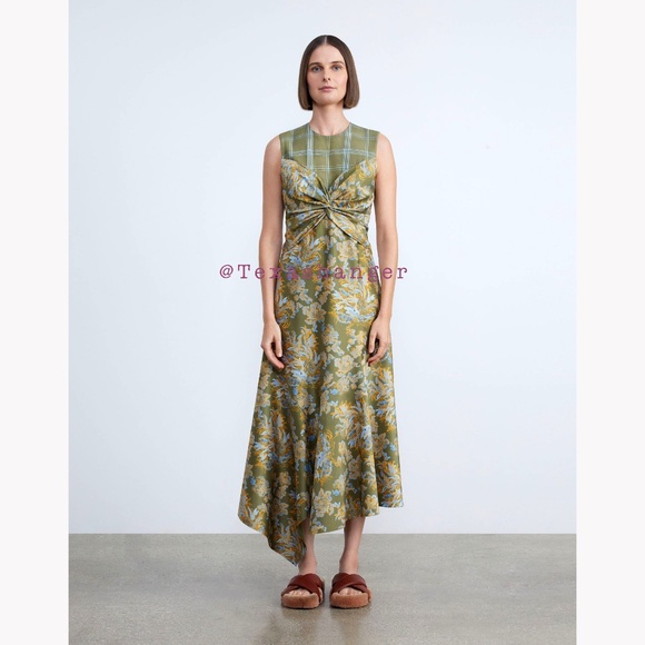 NWT Lafayette 148 NY Patchwork Asymmetric Midi-Dress Size 4 Chive Multi - Picture 1 of 16